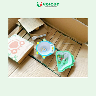 Bát ăn dặm Eco sợi tre Bamboo kháng khuẩn kèm thìa hình động vật cho bé