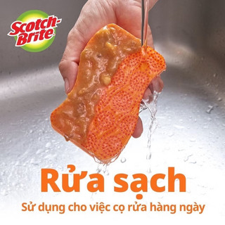 Gói 02Miếng rửa chén hạt nổi 3M™ Scotch-Brite®, siêu sạch, chống trầy, xanh/cam, Làm sạch các vết bẩn cứng đầu