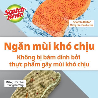 Gói 02Miếng rửa chén hạt nổi 3M™ Scotch-Brite®, siêu sạch, chống trầy, xanh/cam, Làm sạch các vết bẩn cứng đầu