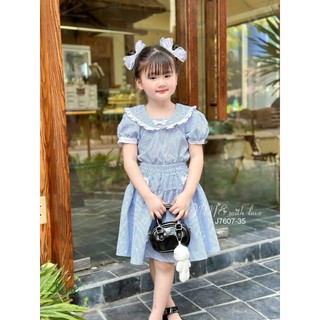 [B&G] Sét váy caro xanh chất cotton mềm tay bồng mùa hè cho bé gái từ 12-45kg(2-12 tuổi)