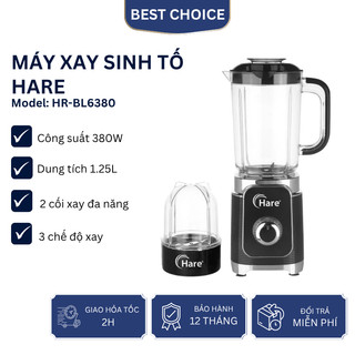 Máy xay sinh tố Hare HR BL6380 công suất 380W dung tích 1.25L, 2 cối xay đa dạng, bảo hành 12 tháng