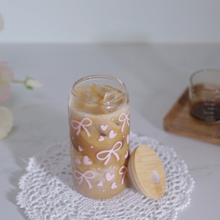 Cốc Thuỷ Tinh Hình Nơ Hồng 500ml, Ly Thuỷ Tinh Cute Chịu Nhiệt Kèm Phụ Kiện, Quà Tặng Sinh Nhật