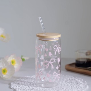 Cốc Thuỷ Tinh Hình Nơ Hồng 500ml, Ly Thuỷ Tinh Cute Chịu Nhiệt Kèm Phụ Kiện, Quà Tặng Sinh Nhật