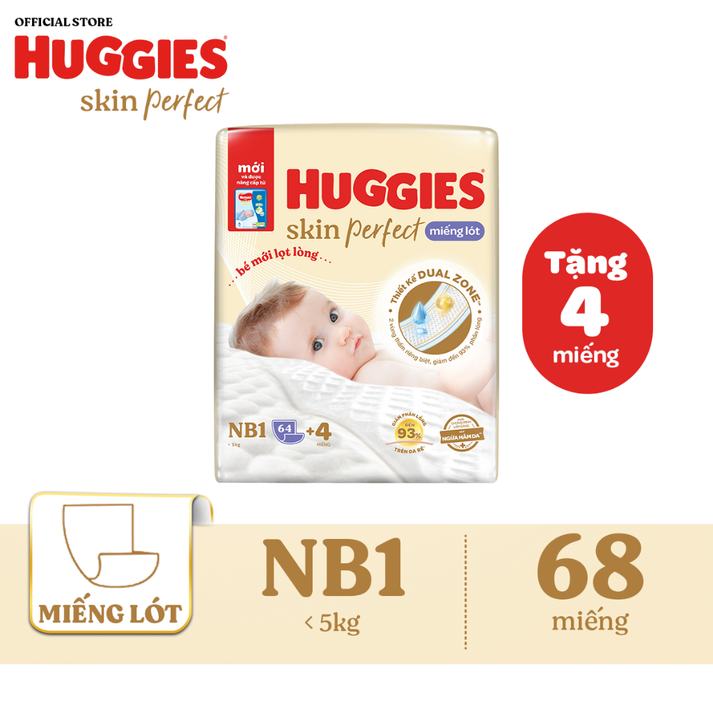 Ảnh Miếng lót sơ sinh Huggies Skin Perfect NB1 64+4 miếng với 2 vùng thấm giảm kích ứng da 1