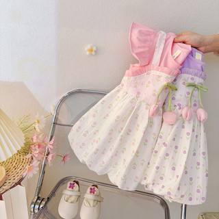 Đầm yếm bé gái 6th-3 tuổi hoa tullip mùa hè vải thun cotton mềm mát Váy bí xinh xắn D1129