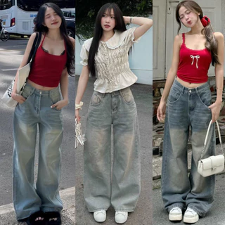Quần Jeans Bò Wash Ống Rộng Suông MIAA Cạp Cao Tôn Dáng Nam Nữ Unisex , Quần Bò Ống Suông Rộng Nữ Đủ Size Màu RETRO