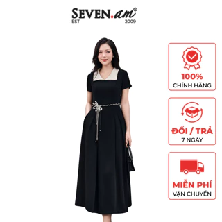 Đầm xòe đen phối cổ be eo tết đính hoa thời trang nữ Seven.AM H633640K