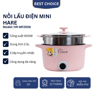 Nồi lẩu điện đa năng mini Hare HR MF2506 dung tích 2.5L công suất 600W, tặng kèm vỉ hấp, Bh 12 tháng