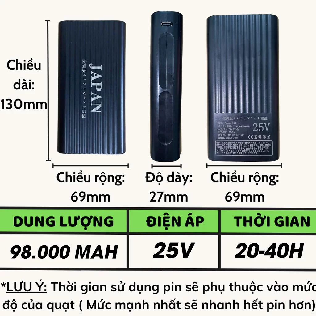 Áo điều hòa Nhật Bản kèm pin Japan 98000mAh – Quạt 9 cánh không chổi than, làm mát nhanh, bảo hành 12 tháng