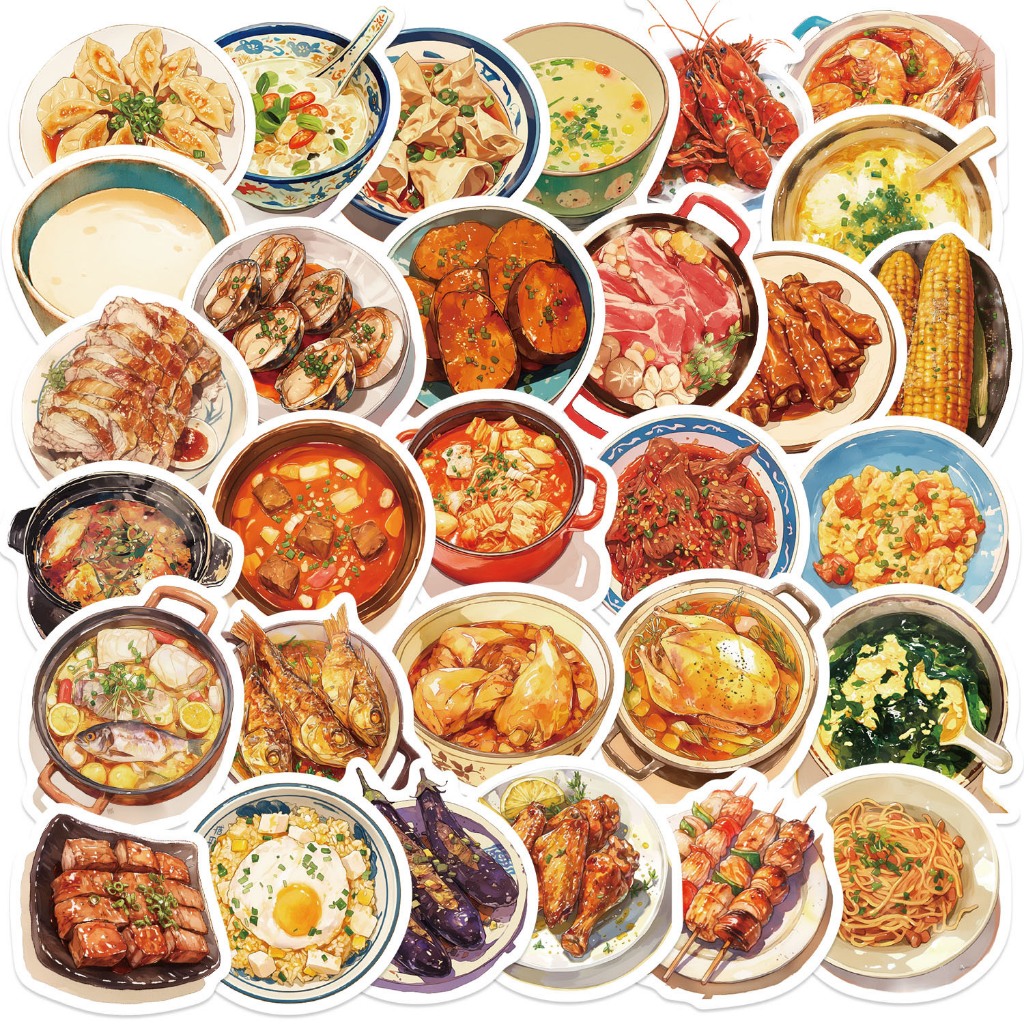 Set 30 cái sticker chống nước ĐỒ ĂN MÓN ĂN TRƯA CƠM TRỨNG XÀO TÔM BÒ GÀ ...