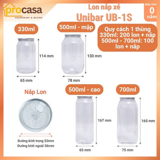 Lon nhựa PET nắp nhôm xé Unibar size 330 - 500 - 700ml dùng cho UB-1S