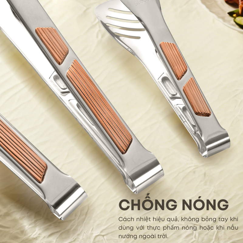 Kẹp Gắp Thức Ăn Inox 304 Cao Cấp 3 Size Tiện Dụng - Đầu Kẹp 3 Khía Bản To - Tay Cầm Chống Nóng Màu Đồng Sang Trọng| 281