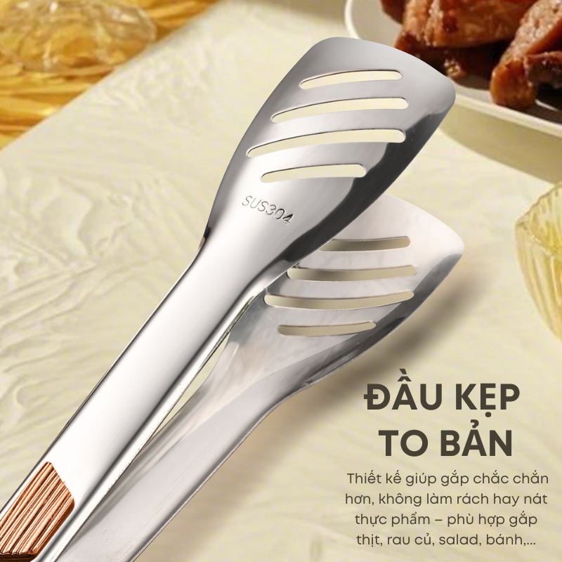 Kẹp Gắp Thức Ăn Inox 304 Cao Cấp 3 Size Tiện Dụng - Đầu Kẹp 3 Khía Bản To - Tay Cầm Chống Nóng Màu Đồng Sang Trọng| 281