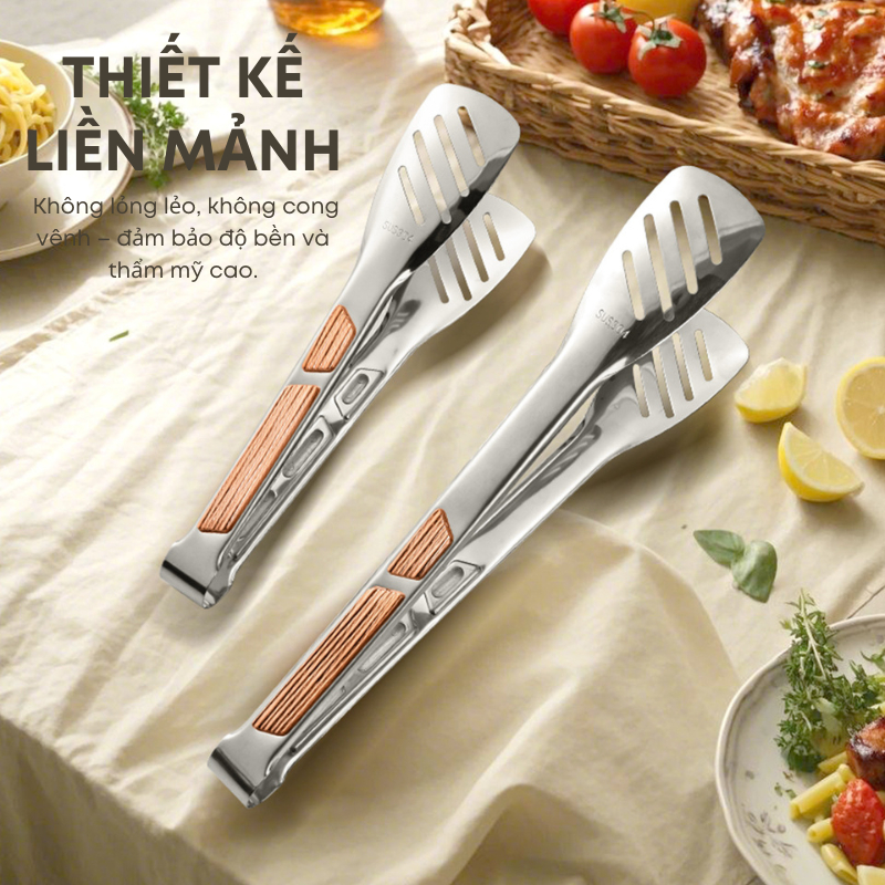 Kẹp Gắp Thức Ăn Inox 304 Cao Cấp 3 Size Tiện Dụng - Đầu Kẹp 3 Khía Bản To - Tay Cầm Chống Nóng Màu Đồng Sang Trọng| 281