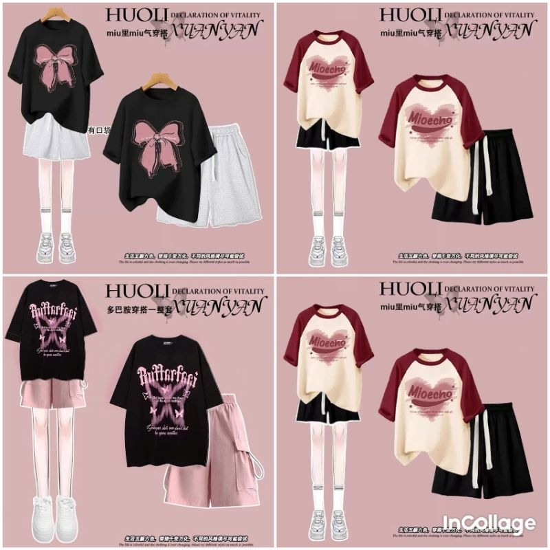 Tổng Hợp Các Sét bộ đồ cộc tay mùa hè quần đùi trơn + mix áo phông nơ form rộng unisex