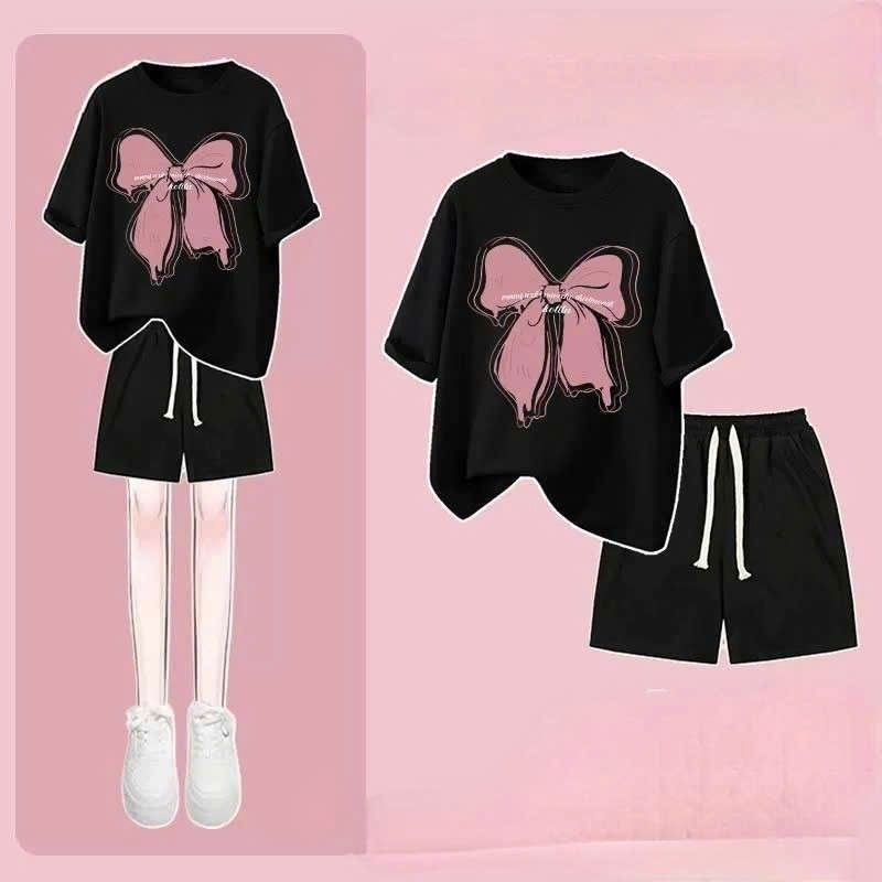 Tổng Hợp Các Sét bộ đồ cộc tay mùa hè quần đùi trơn + mix áo phông nơ form rộng unisex