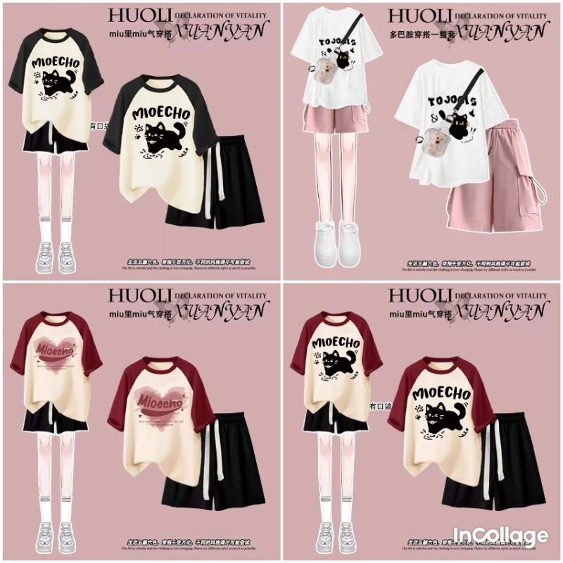 Tổng Hợp Các Sét bộ đồ cộc tay mùa hè quần đùi trơn + mix áo phông nơ form rộng unisex
