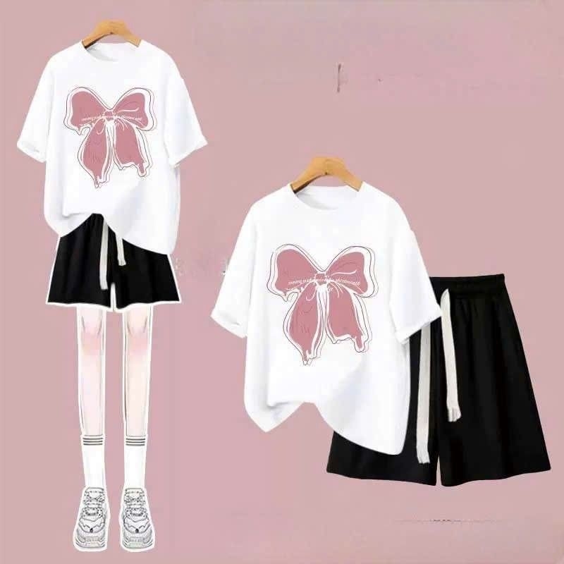 Tổng Hợp Các Sét bộ đồ cộc tay mùa hè quần đùi trơn + mix áo phông nơ form rộng unisex