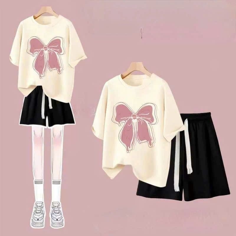 Tổng Hợp Các Sét bộ đồ cộc tay mùa hè quần đùi trơn + mix áo phông nơ form rộng unisex