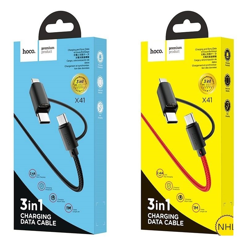 Cáp Sạc Nhanh Dây Dù 3 Đầu (Ba Đầu) Đa Năng HoCo X41 2.4a – Dây Cáp Sạc Nhanh Dây Dù 3 Đầu Đa Năng HoCo X41 tại OKSEPVN