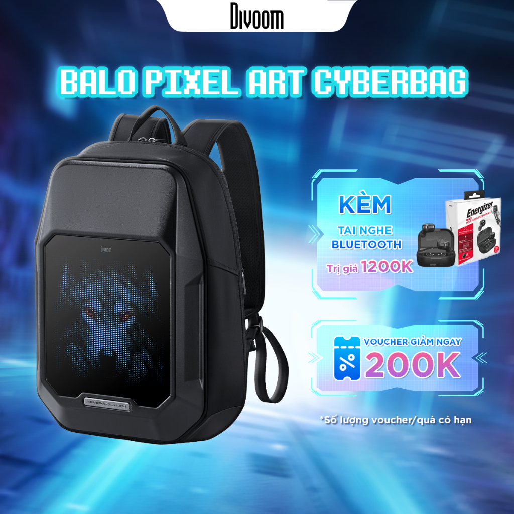 Ảnh Balo DIVOOM Cyberbag 64x64 pixel, màn hình LED hiển thị pixel art, ngăn chứa Laptop 15.6inch kháng nước và chống va đập 1