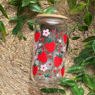Cốc Thủy Tinh Dâu Tây Nắp Tre 500ml, Ly Thủy Tinh 16Oz Chịu Nhiệt Kèm Phụ Kiện, Quà Tặng Sinh Nhật