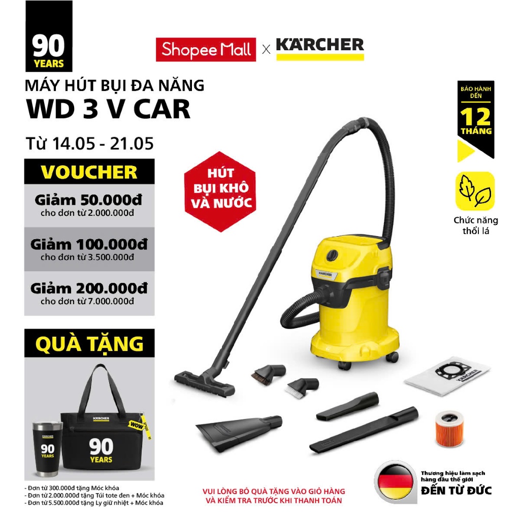 Ảnh Máy hút bụi đa năng khô và ướt Karcher WD 3 V Car - Công suất 1000W - Dùng cho gia đình và ô tô 1