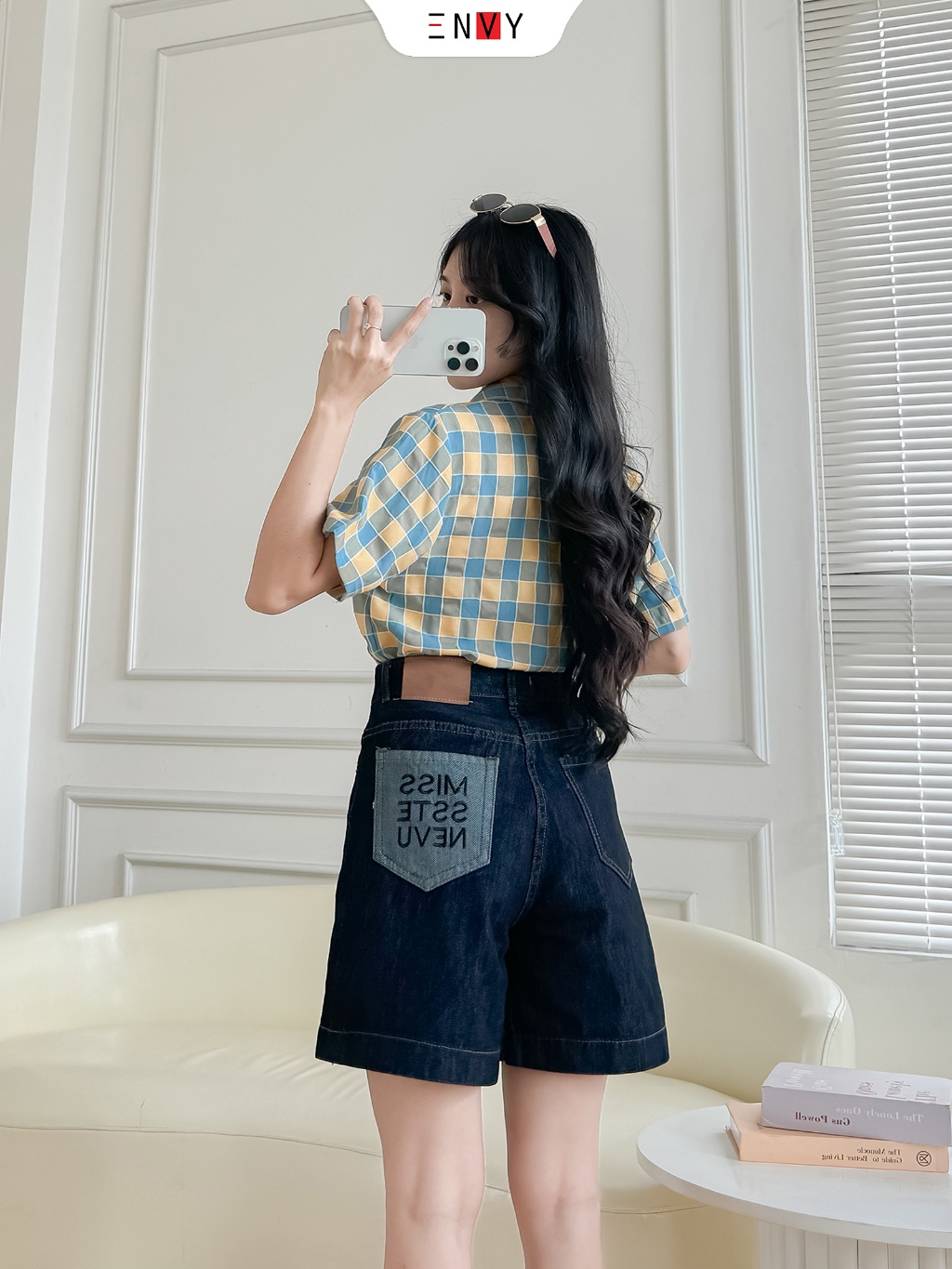 Ảnh Quần Jean Ngố Nữ Xanh Đen Lưng Cao sáng da dễ phối đồ ENVY JS60 4