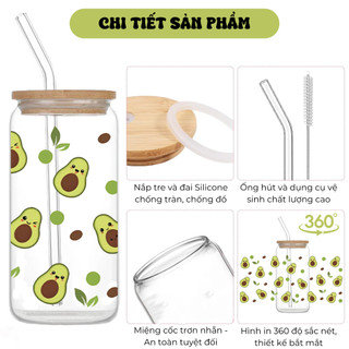 Cốc Thủy Tinh Quả Bơ Xanh 500ml, Ly Thủy Tinh 16Oz Chịu Nhiệt Kèm Phụ Kiện, Quà Tặng Sinh Nhật