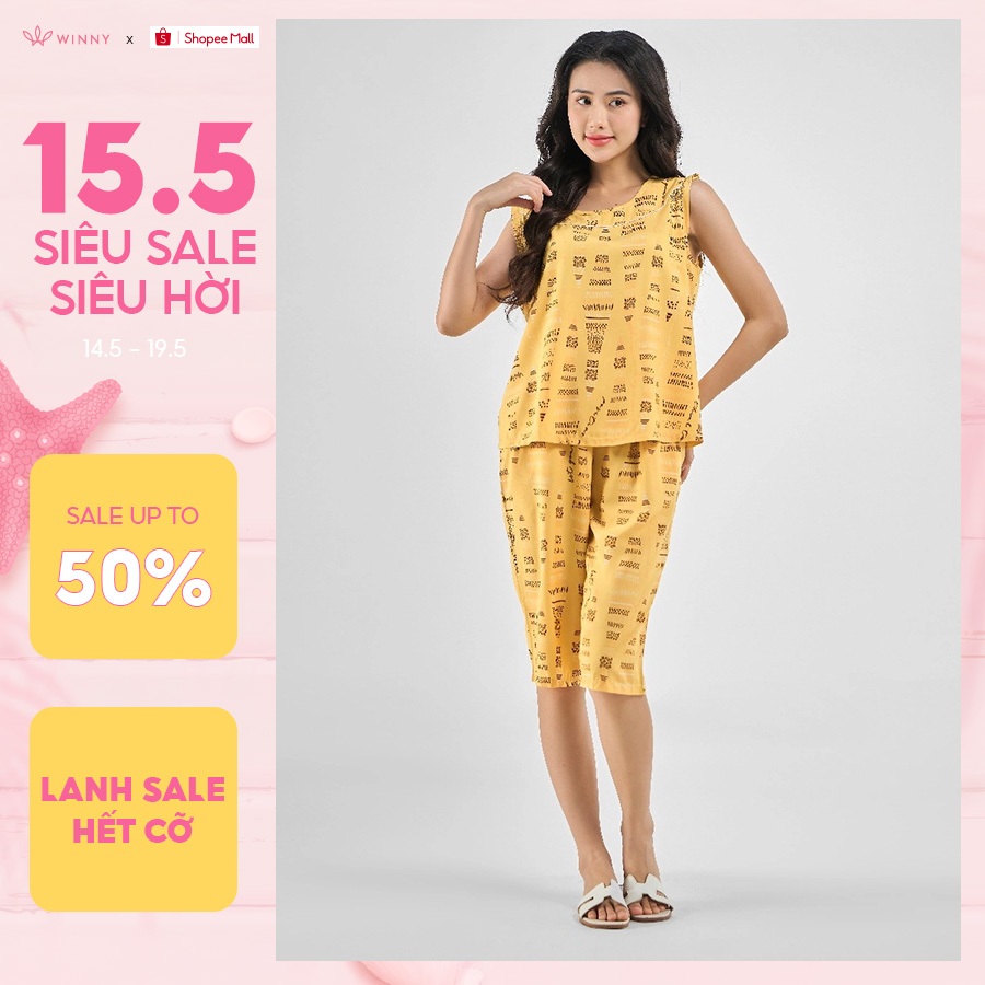 Ảnh Bộ mặc nhà nữ WINNY kiểu sát nách quần ngố chất lanh mềm mát 2MNLA23032S 1