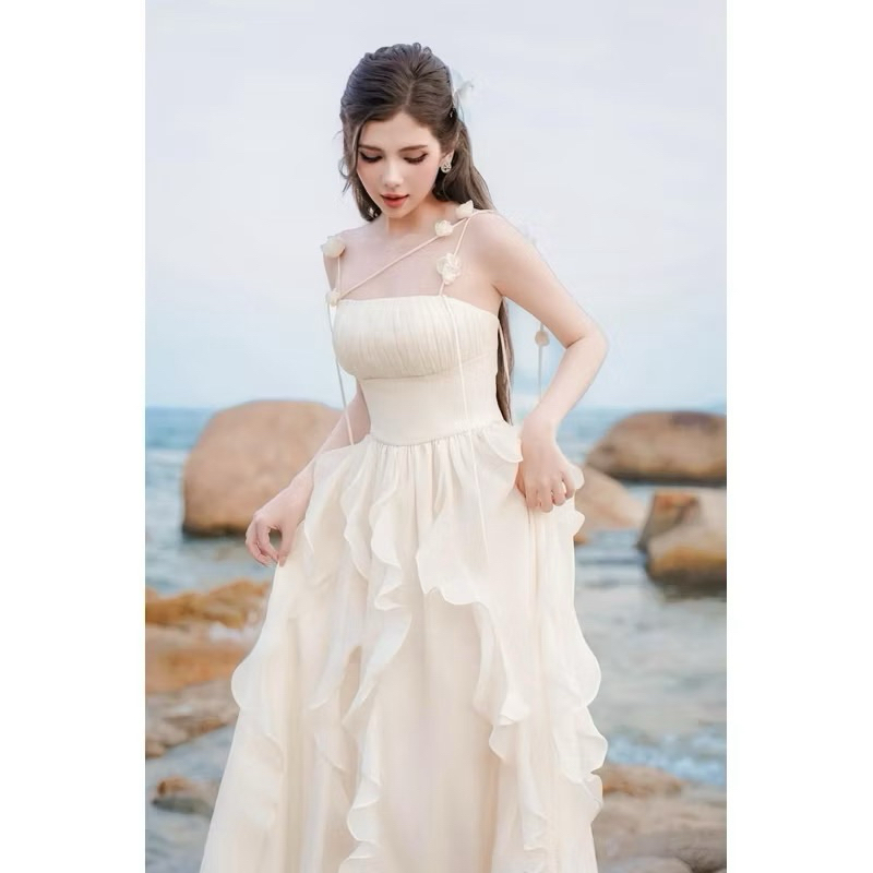 Đầm Maxi Nữ Tính Màu Da – Xếp Tầng Bèo, Dài Maxi, Bay Bổng, Sang Trọng, Dạo Phố, Tiệc Tùng