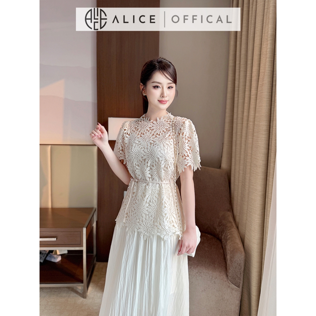 Set Váy Công Sở Thanh Lịch Alice, Áo Ren Hoa Cổ Tròn Tay Ngắn Bồng Phối Dây Đeo Eo, Chân Váy Chất Tơ Nhăn Dáng Dài S871