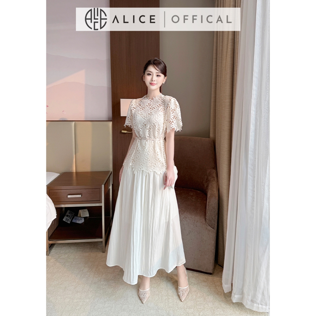 Set Váy Công Sở Thanh Lịch Alice, Áo Ren Hoa Cổ Tròn Tay Ngắn Bồng Phối Dây Đeo Eo, Chân Váy Chất Tơ Nhăn Dáng Dài S871
