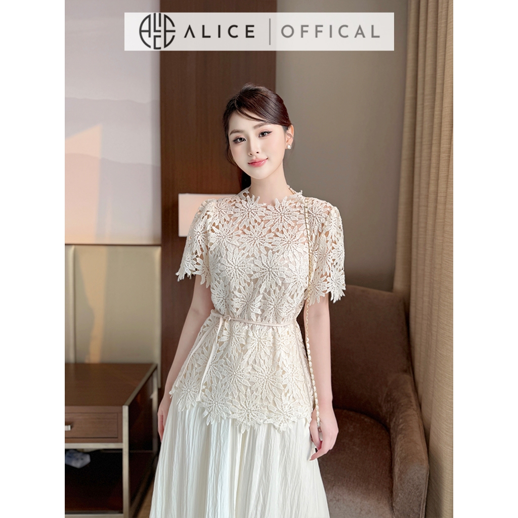 Set Váy Công Sở Thanh Lịch Alice, Áo Ren Hoa Cổ Tròn Tay Ngắn Bồng Phối Dây Đeo Eo, Chân Váy Chất Tơ Nhăn Dáng Dài S871