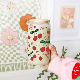 Cốc Thủy Tinh Cherry Đỏ 500ml, Ly Thủy Tinh Nắp Tre 16Oz Chịu Nhiệt Kèm Phụ Kiện, Quà Tặng Sinh Nhật