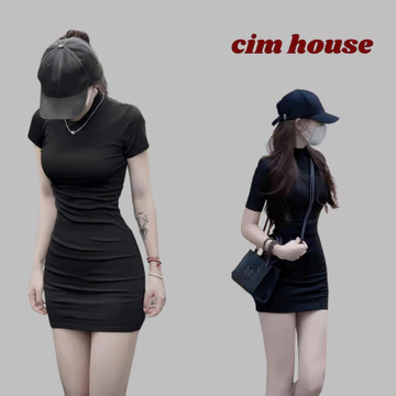 Đầm body nữ dáng ôm cổ 3 phân tay ngắn,váy thun co giãn tăm cổ 3cm dáng ôm body tôn dáng trẻ trung CIMHOUSE- MV661