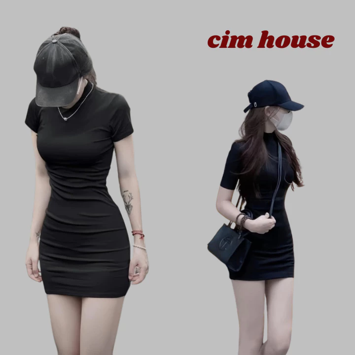 Đầm body nữ dáng ôm cổ 3 phân tay ngắn,váy thun co giãn tăm cổ 3cm dáng ôm body tôn dáng trẻ trung CIMHOUSE- MV661
