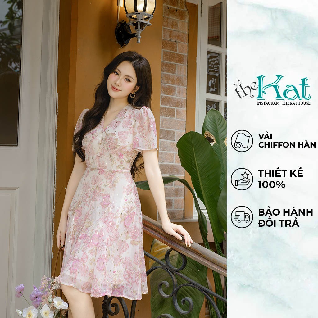 Đầm Hoa Judy The Kat House, vải chiffon Hàn, ôm vừa vặn, tôn dáng, xinh xắn dễ thương