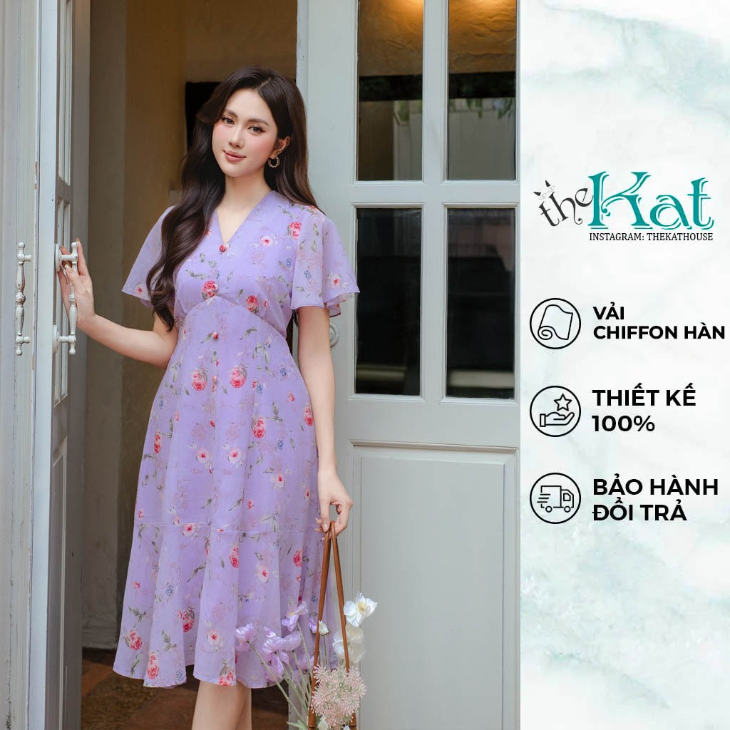 Đầm Hoa Mia The Kat House, vải chiffon Hàn, ôm vừa vặn, tôn dáng, xinh xắn dễ thương
