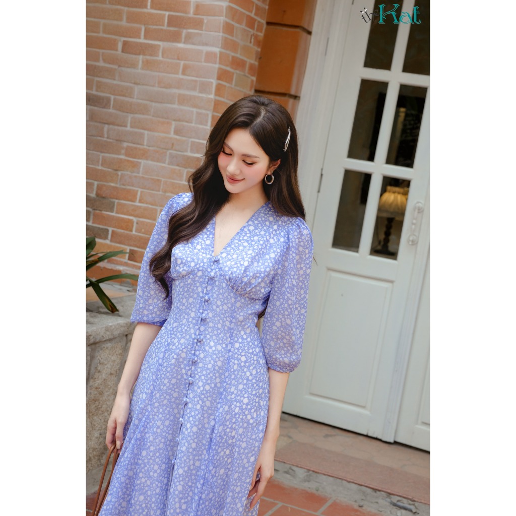 Đầm Hoa Hebe The Kat House, vải chiffon Hàn, ôm vừa vặn, tôn dáng, xinh xắn dễ thương
