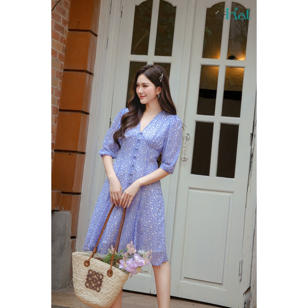 Đầm Hoa Hebe The Kat House, vải chiffon Hàn, ôm vừa vặn, tôn dáng, xinh xắn dễ thương