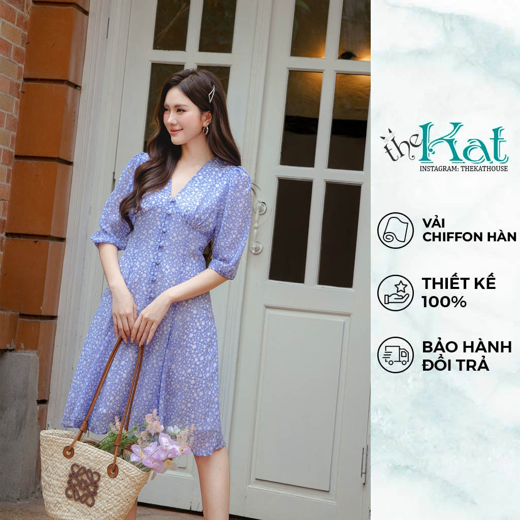 Đầm Hoa Hebe The Kat House, vải chiffon Hàn, ôm vừa vặn, tôn dáng, xinh xắn dễ thương