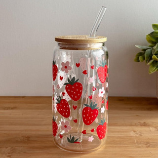 Cốc Thủy Tinh Dâu Tây Nắp Tre 500ml, Ly Thủy Tinh 16Oz Chịu Nhiệt Kèm Phụ Kiện, Quà Tặng Sinh Nhật