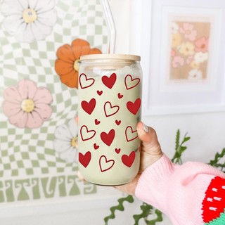 Cốc Thủy Tinh Trái Tim 500ml, Ly Thủy Tinh Nắp Tre 16Oz Chịu Nhiệt Kèm Phụ Kiện, Quà Tặng Sinh Nhật