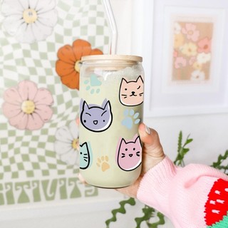 Cốc Thủy Tinh Mèo Con 500ml, Ly Thủy Tinh Nắp Tre 16Oz Chịu Nhiệt Kèm Phụ Kiện, Quà Tặng Sinh Nhật
