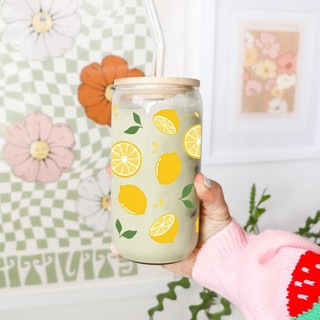 Cốc Thủy Tinh Quả Chanh 500ml, Ly Thủy Tinh Nắp Tre 16Oz Chịu Nhiệt Kèm Phụ Kiện, Quà Tặng Sinh Nhật