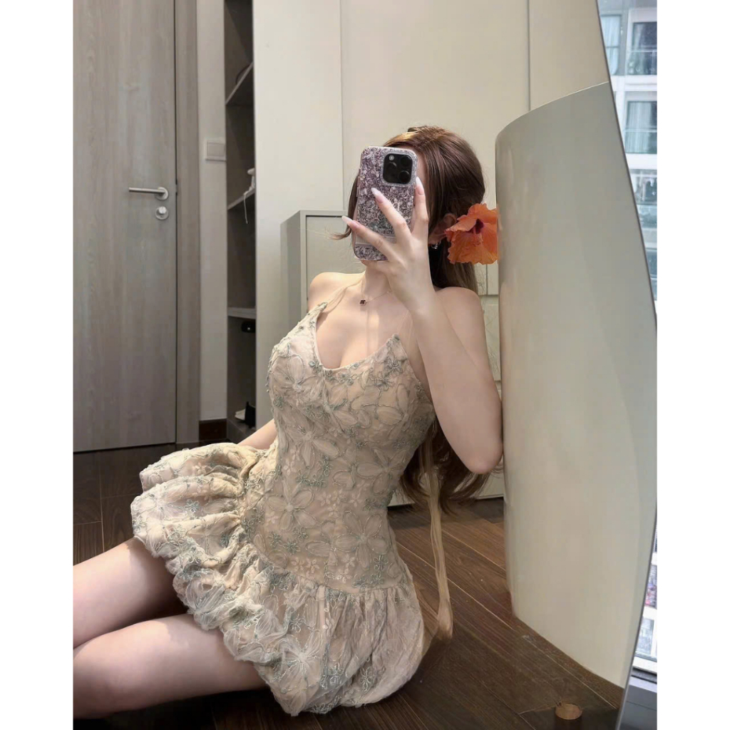 Đầm váy nữ cổ V 2 dây mix chân váy dáng ngắn, đầm váy nữ thiết kế chiết eo phối chân váy bồng xoè tiểu thư