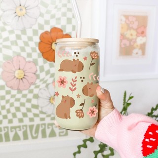 Cốc Thủy Tinh Capybara1 500ml, Ly Thủy Tinh Nắp Tre 16Oz Chịu Nhiệt Kèm Phụ Kiện, Quà Tặng Sinh Nhật