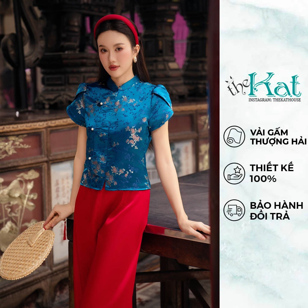 Áo Chu Cát The Kat House, vải gấm Thượng Hải cao cấp, vừa nhẹ nhàng, thanh lịch, dịu dàng, du xuân, đi chơi, cà phê