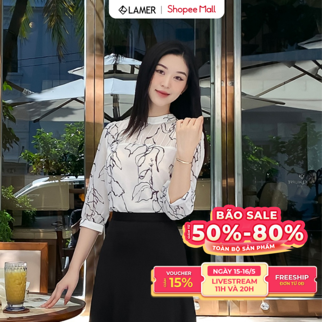 Ảnh Áo Sơ Mi Nữ Cổ Tàu Tròn Mí Ngực LAMER Áo Công Sở Nữ Tay Lỡ Dáng Suông Hoạ Tiết Thanh Lịch O61B24Q003 1